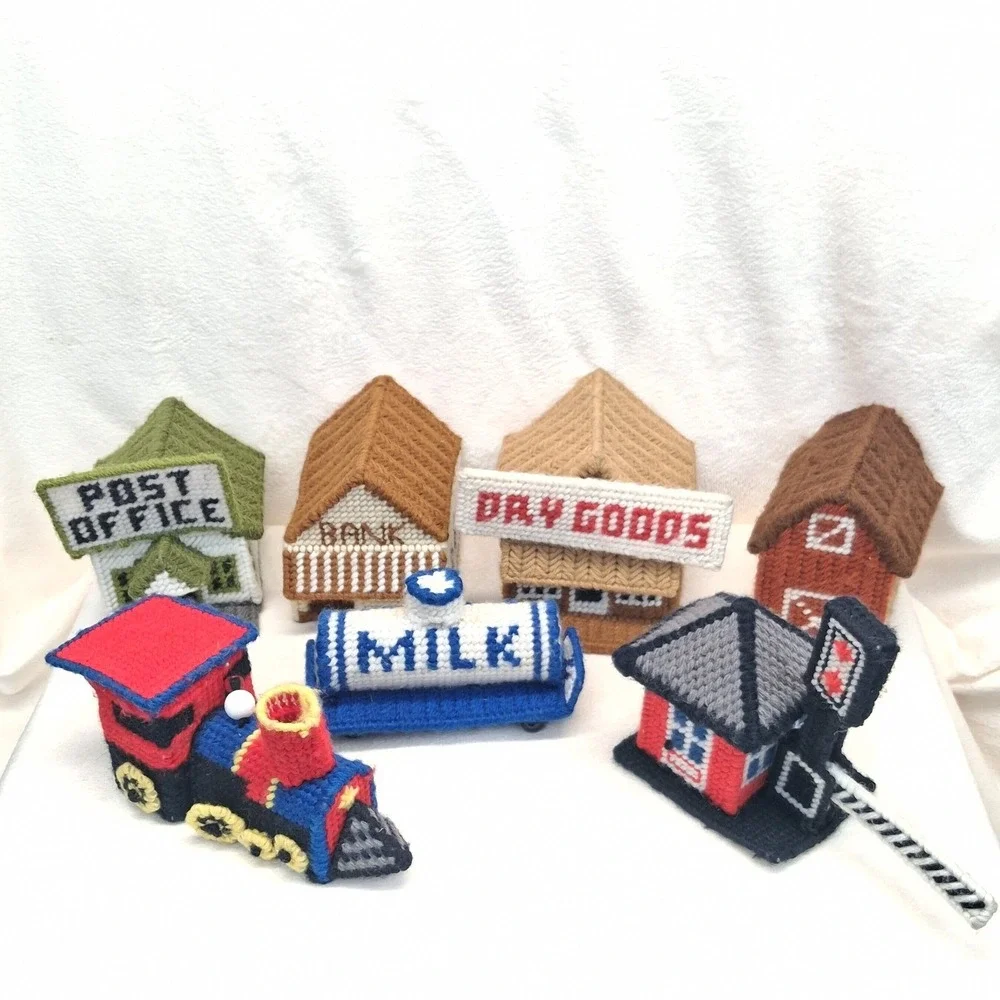 RARE Vintage Plastic Canvas Yarn Town Village Post Office Train Milk Tanker READ
